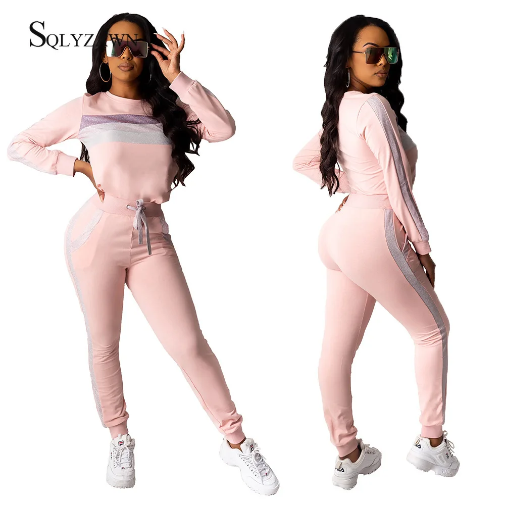 Women Pink Outfits Sportswear Spring Autumn Workout Two Piece Set Tracksuits Long-sleeve Top Bodycon Pants Casual 2 |