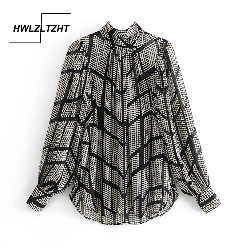 

HWLZLTZHT блузка для женщин 2021 модная обувь в горошек, в клетку, с принтом повседневные блузки в винтажном стиле, с длинным рукавом Женские рубаш...