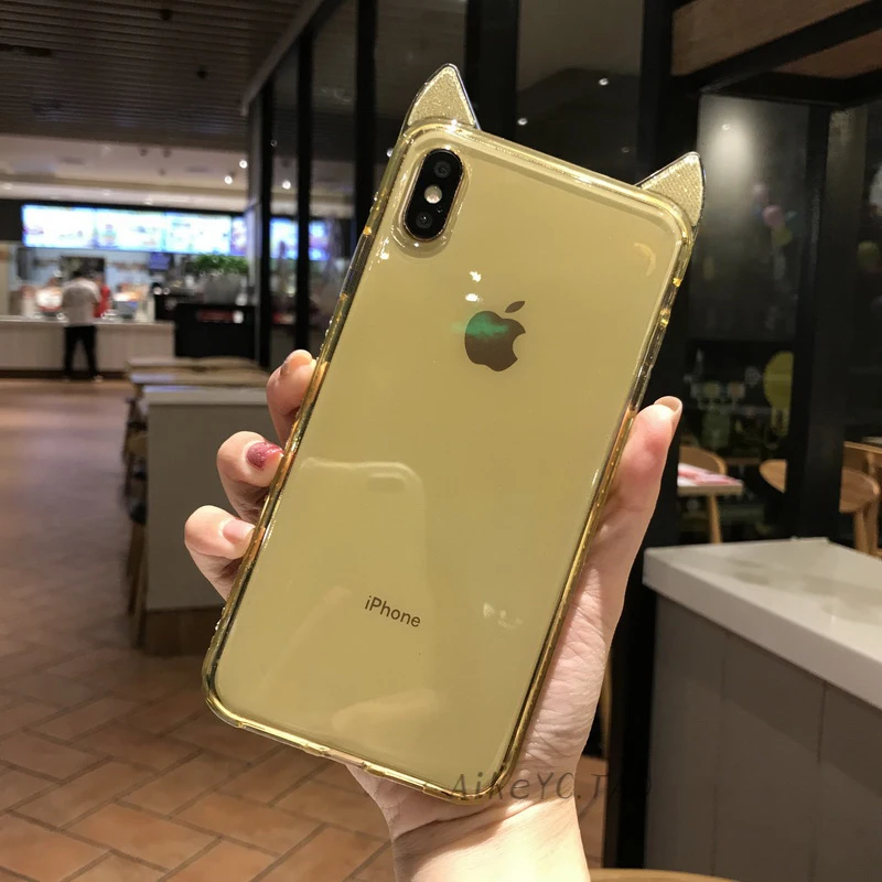 Diamond Around Soft Case for iphone X XS MAX XR 10 6 6s 7 8 Plus Cute Bling Glitter Cat Ear Clear TPU Silicone Cover Dropproof | Мобильные