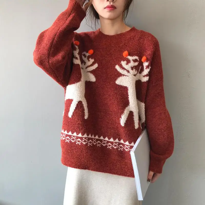 Johnature Thick Sweater Pullovers Women Clothes 2020 New Spring O-neck Print Leisure Animal Deer Casual Concise Sweaters | Женская