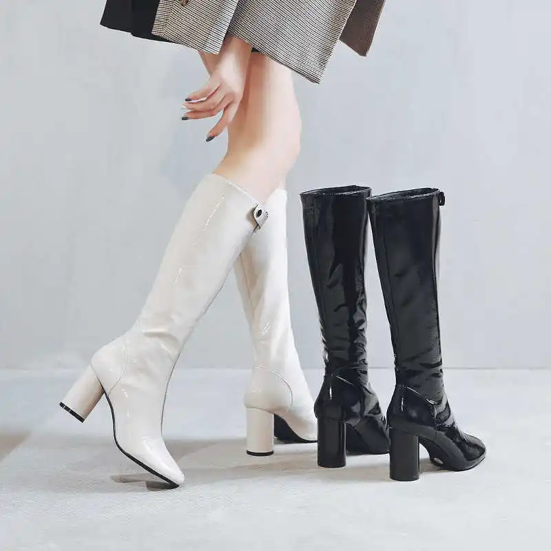

Boots women's white knee length boots 2019 new autumn thick heel high cylinder Knight boots small and versatile