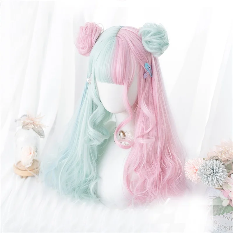 

Women Girls Lolita Wig Pink Mixed Mint Green Long Curly Bangs Buns Cosplay Party Wig