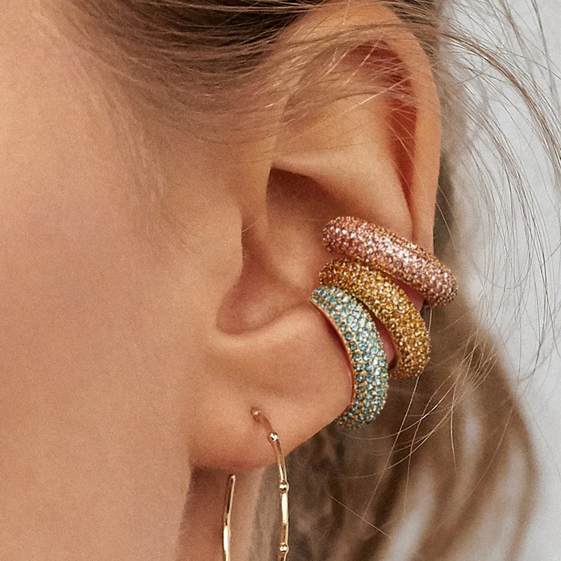 Women Fashion Stackable Wide Ear Cuffs Earrings ZA Rhinestone Cartilage Clip on Earrings Earcuff Without Piercing Jewelry