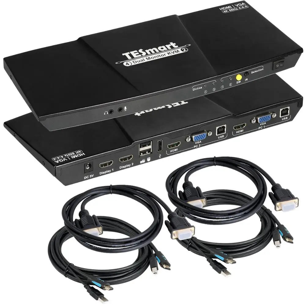 TESmart Dual Monitor 2x2 HDMI + VGA KVM переключатель 4K @ 60 Гц 4:4:4 Ultra HD 2 PC с дополнительным портом USB