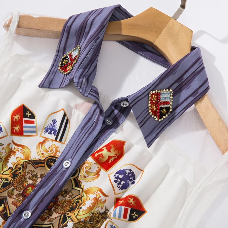 

Designer Summer New Women'S Holiday Party Casual High Quality Elegant Chic Fashion Diamond Lapel Mesh Patchwork Print Midi Dress