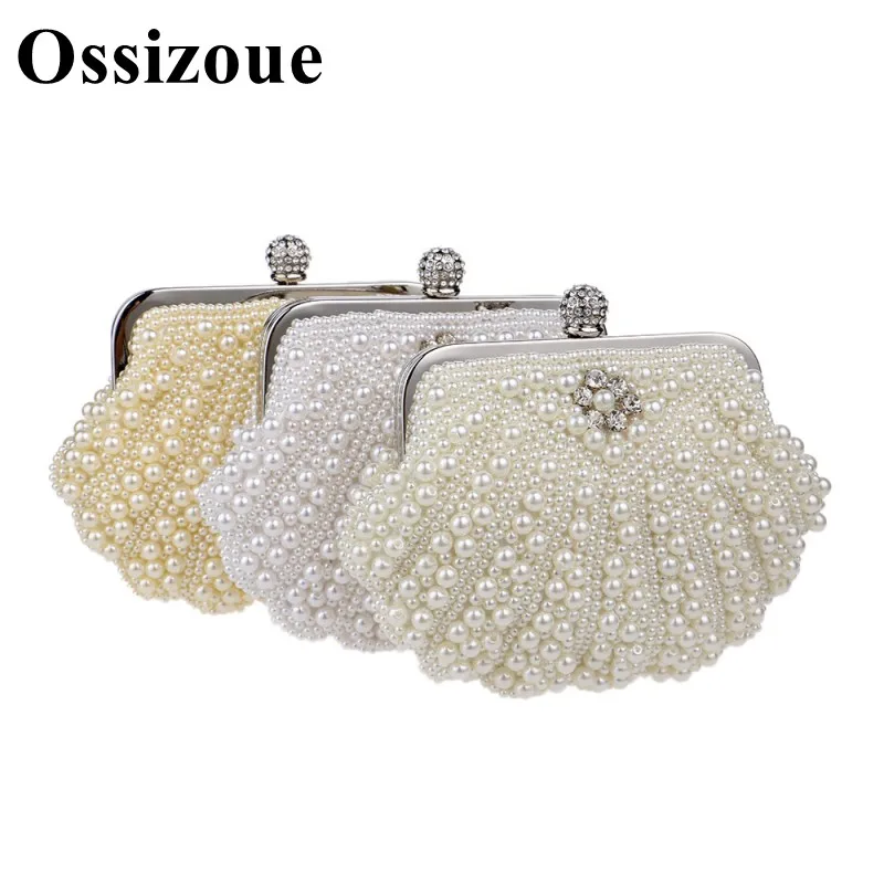 

Women Handbags Vintage Pearls Evening Purse Metal Clutches Beige Beaded Bridal Wedding Box Clutch Bags Bolsos Mujer NW535