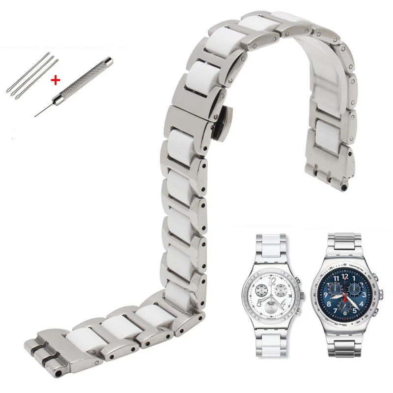 Металлический ремешок для часов Swatch YGS716 YAS100 YVS441G/YAS112G браслет из нержавеющей стали+ керамический ремешок для часов 17 мм для женщин - Цвет ремешка: silver white 1