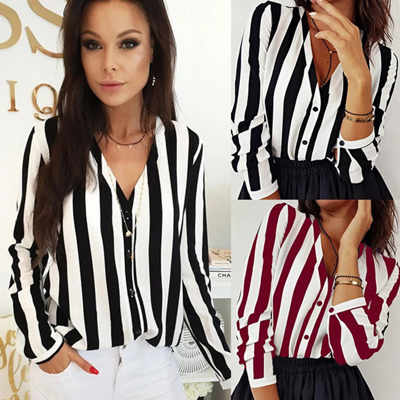 

2019 New Blouse Women's Striped Casual Top Shirts Blouses Women Loose Blouses Autumn Casual Office Blouses Top Sexy -CH8