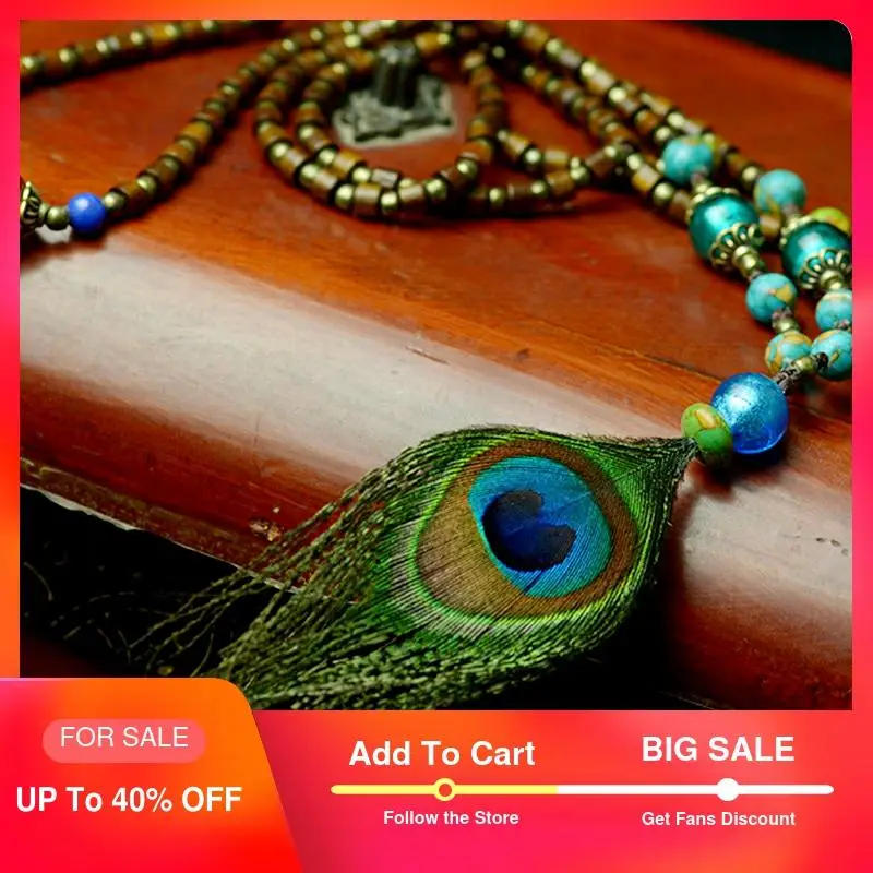 

vintage Short necklace For Women Peacock Feather Pendant Chokers Necklaces Wood Beads Chain Ethnic Necklace Fashion Jewelry 2017