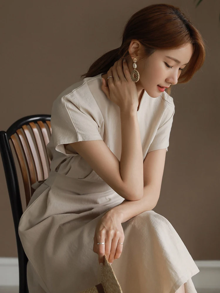 Женское длинное платье из хлопка и льна повседневное элегантное офисное для