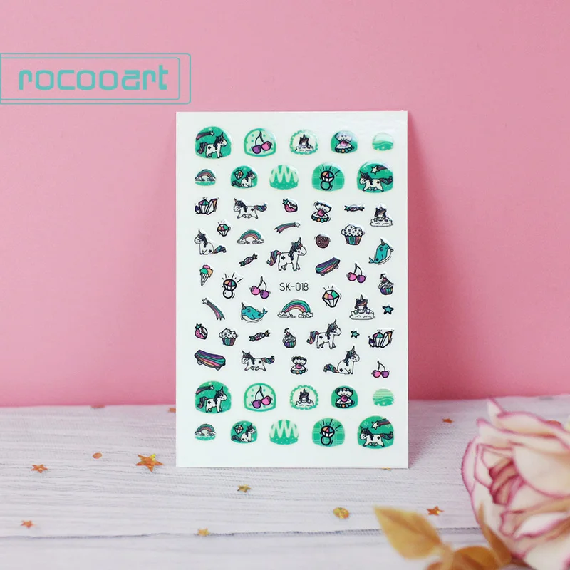 SK-018 Rocooart самоклеющиеся цветы Единорог узор дизайн ногтей украшения переводные наклейки на ногти акриловые маникюрные ногти принадлежности инструмент - Цвет: SK-018