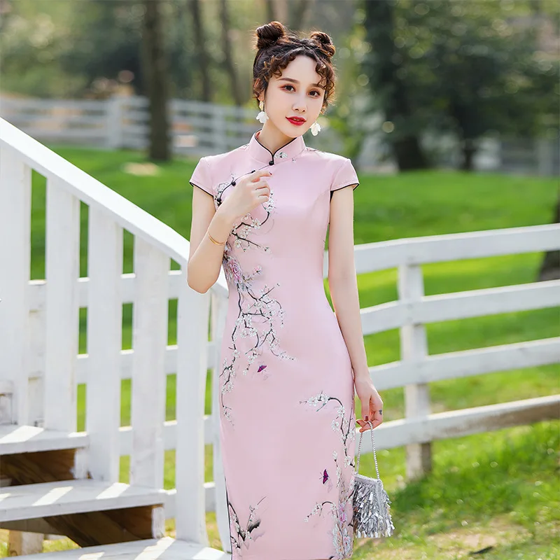 

Traditional Printed Rayon Short Sleeve Cheongsam Women Classic Chinese Ladies Evening Dress Vintage Mandarin Collar Satin Qipao