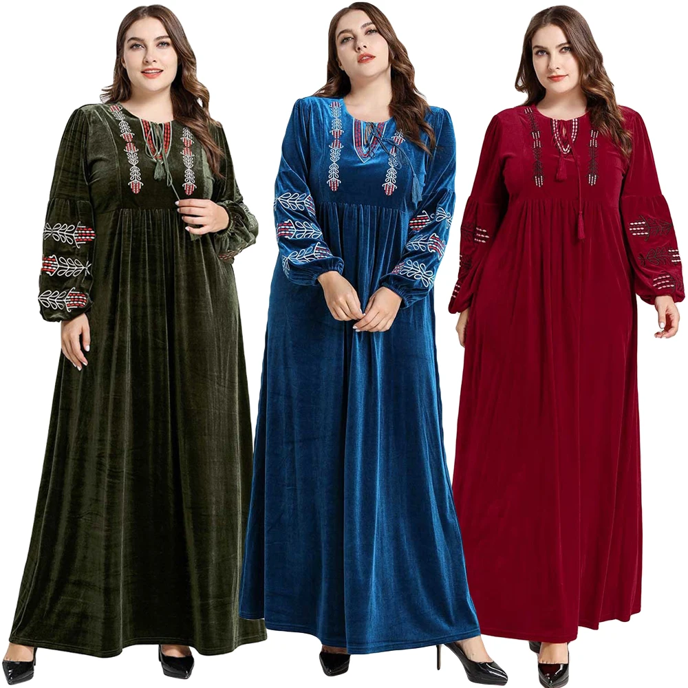 Длинное бархатное платье размера плюс Абая мусульманское для женщин с вышивкой