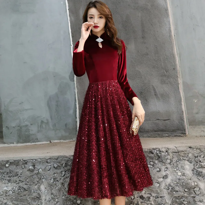 

Velour Slim Long Cheongsam Women Burgundy Qipao Chinese Style Sequin Bling Mandarin Collar Dresses Elegant Banquet Vestidos