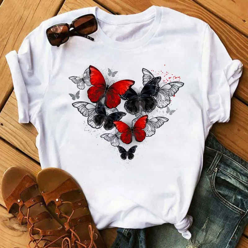 

Women Blue Butterfly Short Sleeve New Summer Printed T-shirts Fashion Clothes Print Tee Top Tshirt Female Kawaii Graphic T-shirt