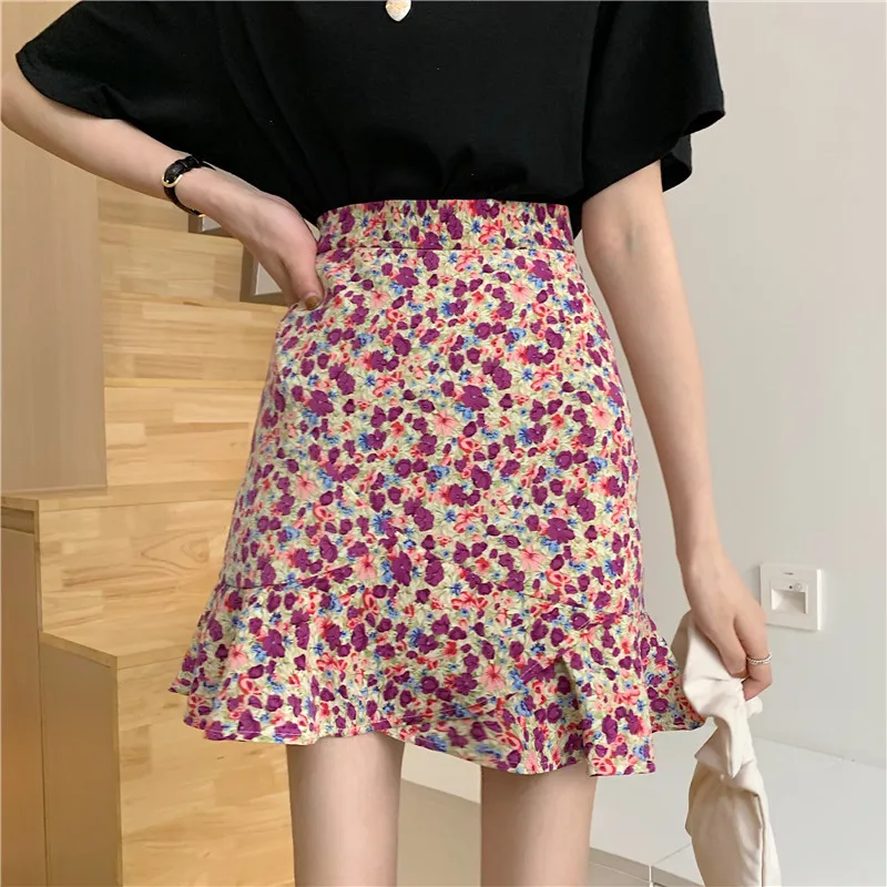 

Women High-waisted A-line Floral Print Back Zipper Skirt Fashion Irregular Hem Skirt for Ladies Girls Fish Tail Mini Skirt
