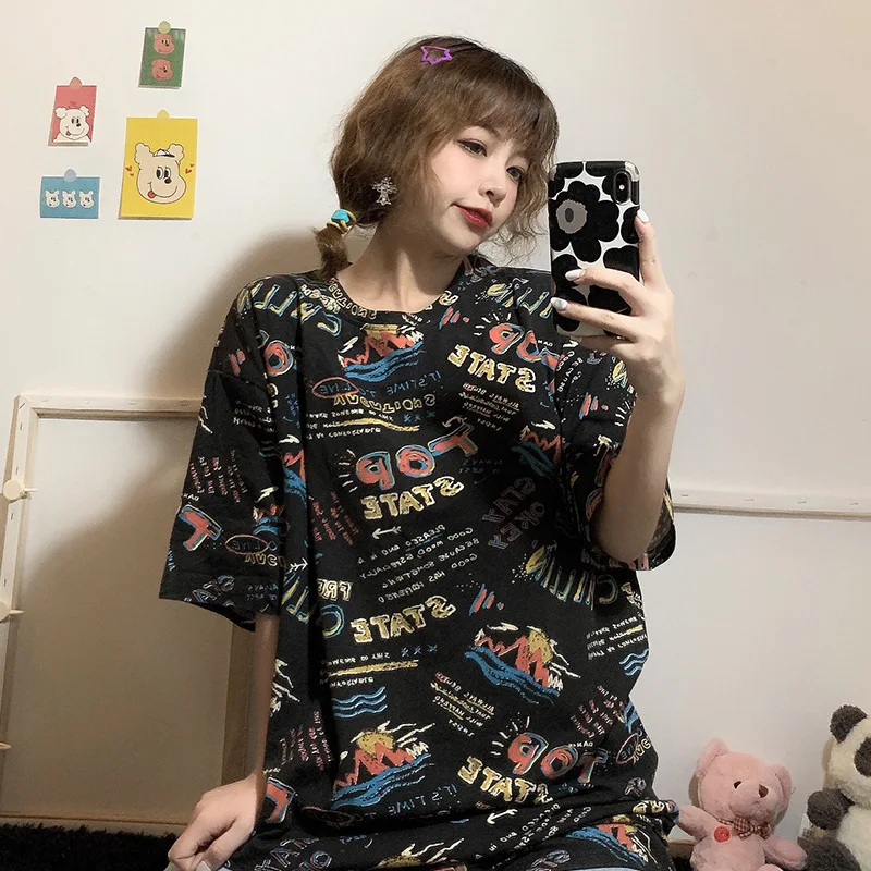 

Women's t-shirts summer Top black ins fashion trend round neck short loose top T-shirts harajuku graffiti printed letter T-shirt