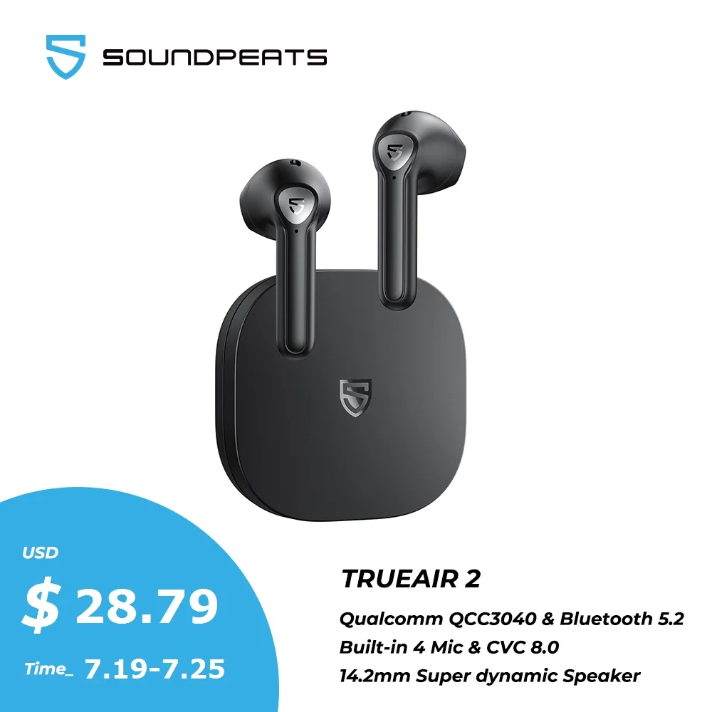 SOUNDPEATS-Auriculares inalámbricos TrueAir2 con Bluetooth V5.2, cascos sin cable con aptX, 4 micrófonos, CVC, cancelación de ruido, TWS, QCC3040