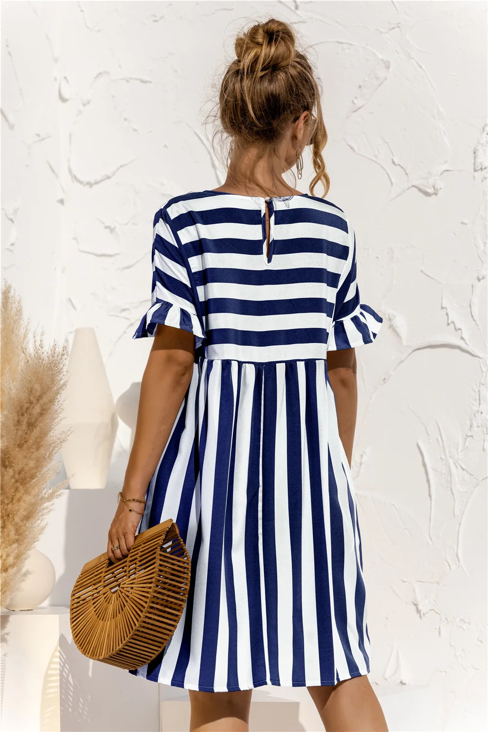 

Elegant Women Ruffle Sleeve Striped Print Knee Length Dress Summer 2021 Casual Loose High Waist O-neck Pocket Patchwork Vestidos