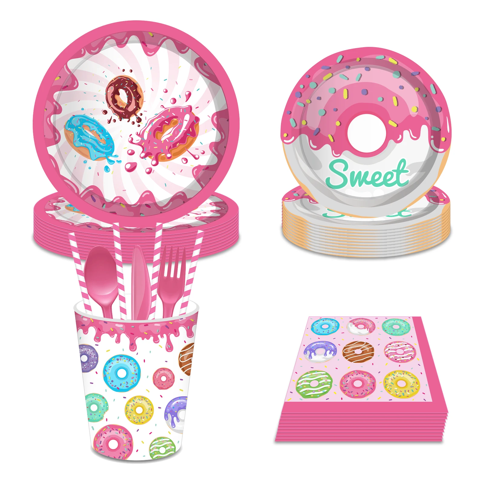 

Sweet Donuts Theme Party Decorations Sets Plates Napkins Cups Disposable Tableware Kids Baby Shower Happy Birthday Party Favors