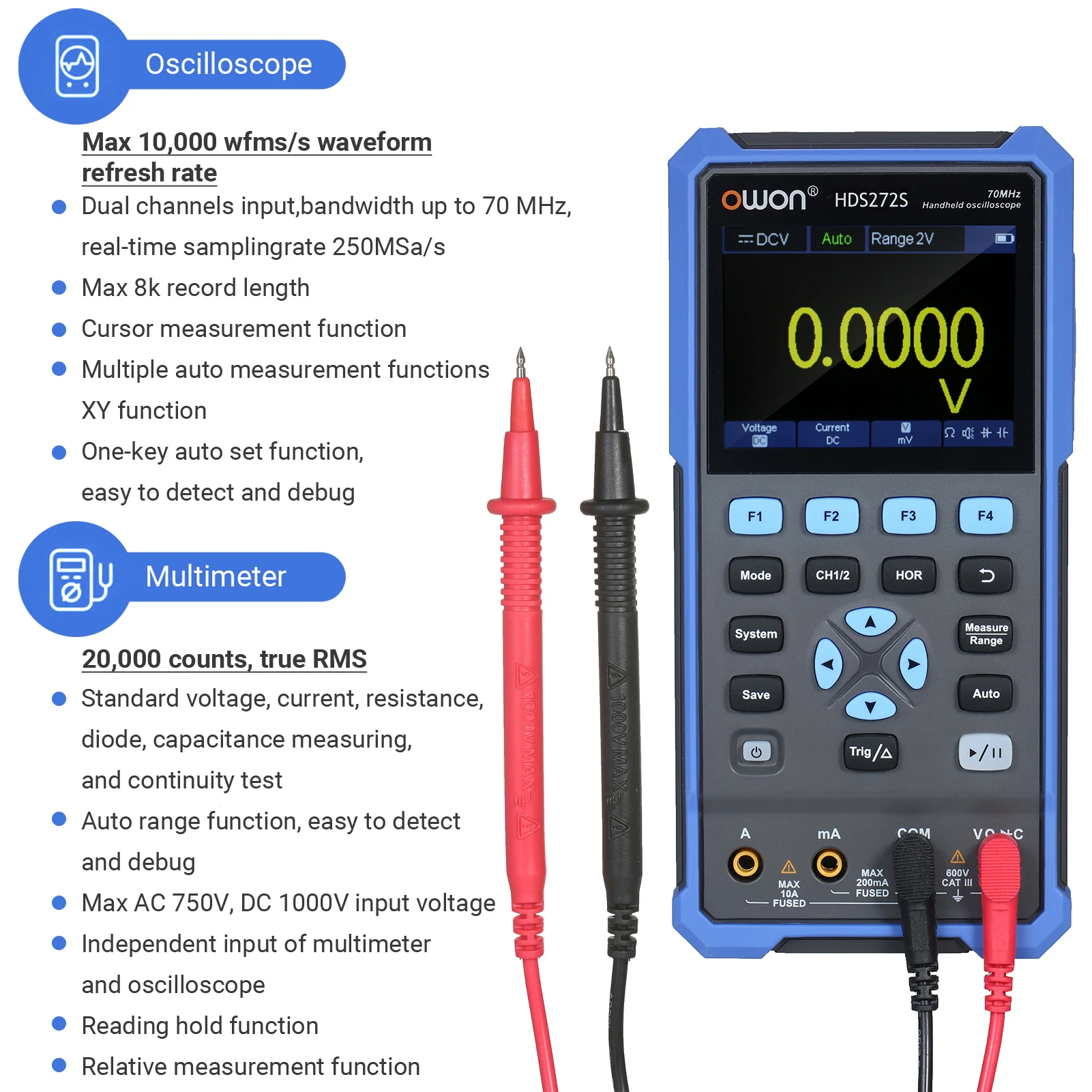 

Oscilloscope Multimeter Waveform Generator HDS272S 2CH 70MHz Bandwidth 20000 Counts Digital Scope Meter with Color Screen