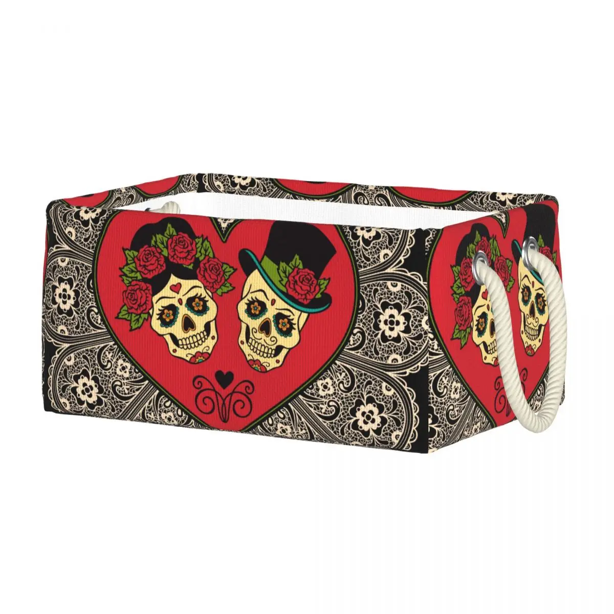 Льняная коробка для хранения мексиканских сахарных черепов с сердцем и