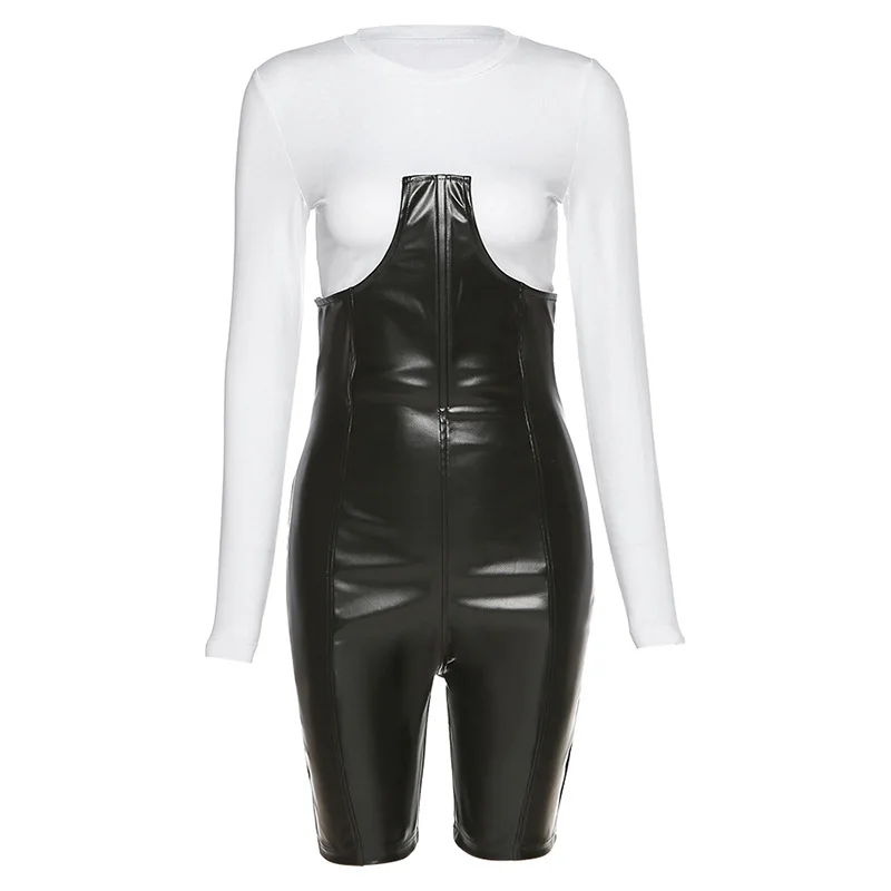 

2 Pce Set Top And Faux PU Leather Biker Shorts Club Outfits For Women Spring Fashion Skinny Midnight Slim Two Piece Sets Clothes