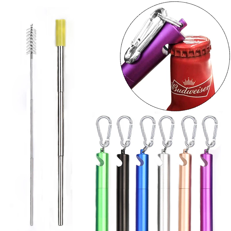 Portable Telescopic Drinking Straw Set 304 Stainless Steel Metal Straw Reusable Travel Keychain Straw with Case Bottle Opener