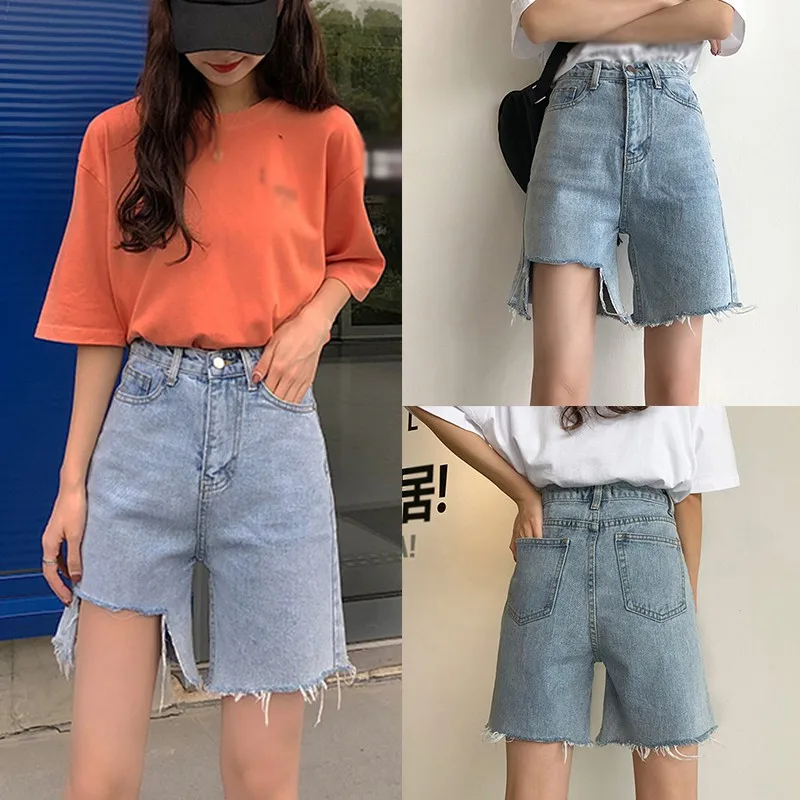 

Women Knee Length Shorts Summer Female Wide-Leg Five-Point Knee Length Shorts Loose Pants Straight Jeans Pants