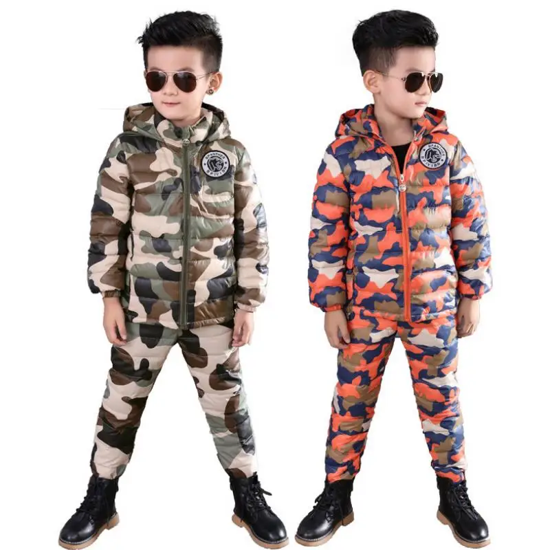 

2021 New Kids Boy Tracksuit Suit For Girl Winter Warm Clothing Sets Cotton Down Jacket Camouflage Hooded Coat Pants 2-12Y