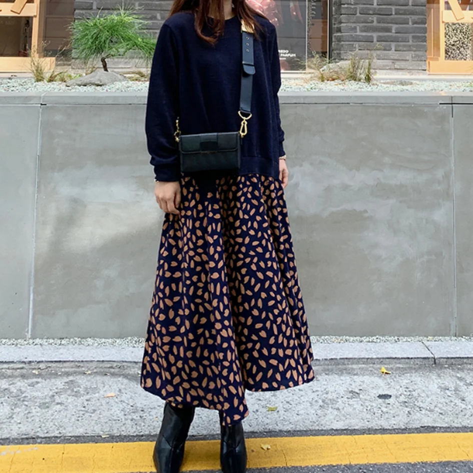 

SuperAen O Neck Fake Two-piece Long Plus Size Patchwork Print A-LINE Ankle-Length Casual Dresses Women