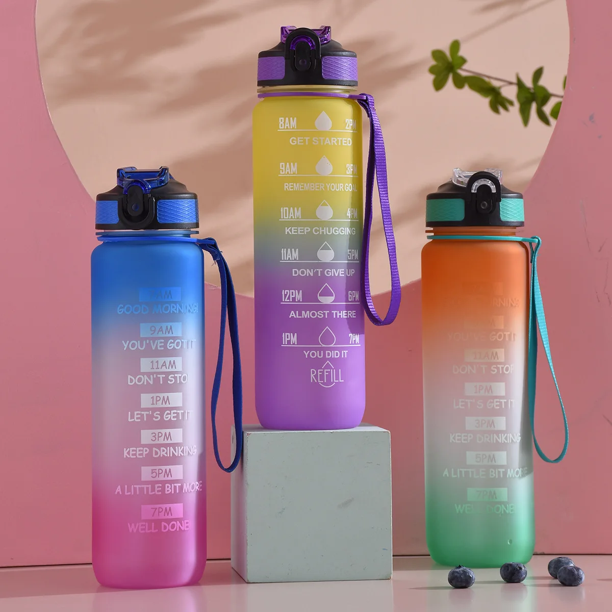 

1000ml Gradient Color Motivational Sports Water Bottle With Bounce Cover Outdoor Tritan Material Water Cups Portable Fitness Cup