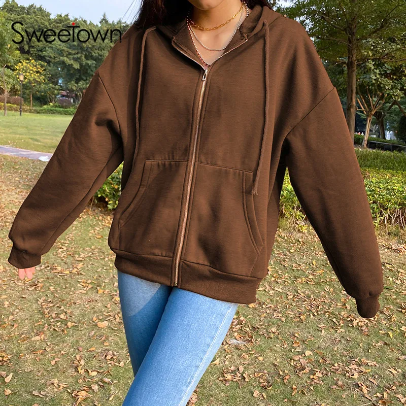 Sweetown Brown New Aesthetic Hoodies Women Vintage Zip Up Sweatshirt Winter Jacket Clothes Pockets Long Sleeve Hooded Pullovers
