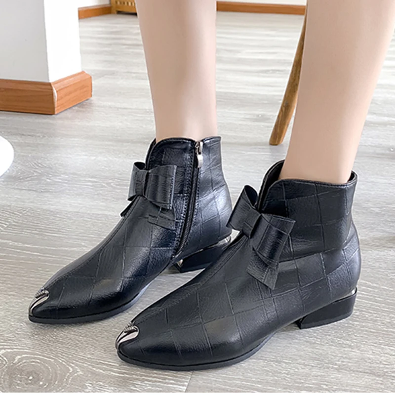 

Rimocy Vintage Pointed Toe Ankle Boots Women 2022 Spring Bowtie Square Heel Short Booties Mujer Low Heels Pu Leather Shoes Woman