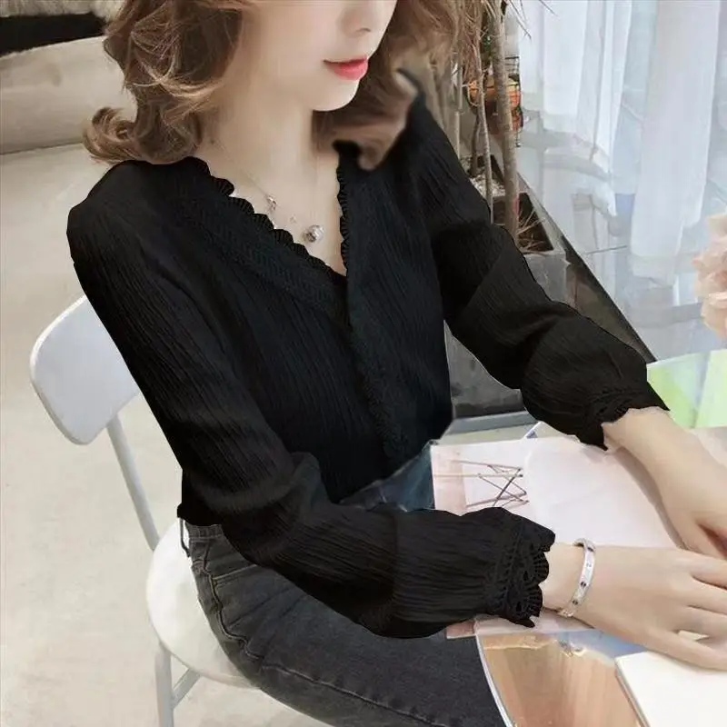 

Chiffon White Beaded Shirt Women Blouses Versatile Long Sleeve Plus Size T-shirt Top Clothing Crop Korean Ladies Female Fashion