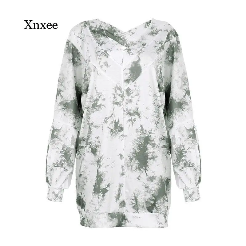 

Spring and Autumn Women's Style Fashion T-Shirt Sexy Fashion Long Sleeve V-Neck Tie Dye Loose High Street Women's T-Shirt
