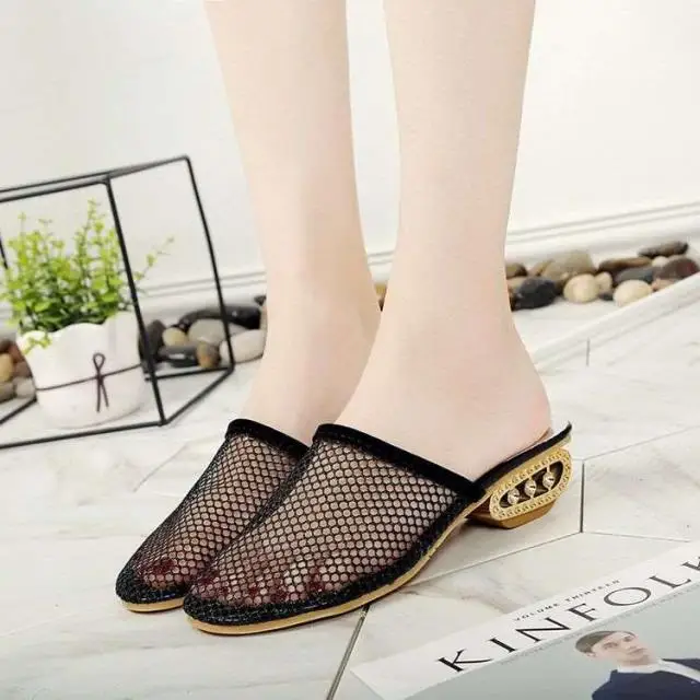 2020 new summer women's slippers solid color Baotou mesh fabric fashion matching simple hollow breathable casual shoes factory d | Обувь - Фото №1