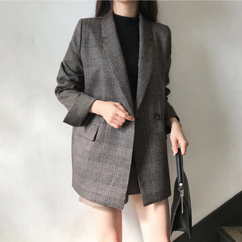 

Autumn Winter Women's Blazers Plaid Double Breasted Pockets Casual Loose Jackets Bf Long Sleeve Femme Black Outerwear Coats Traf