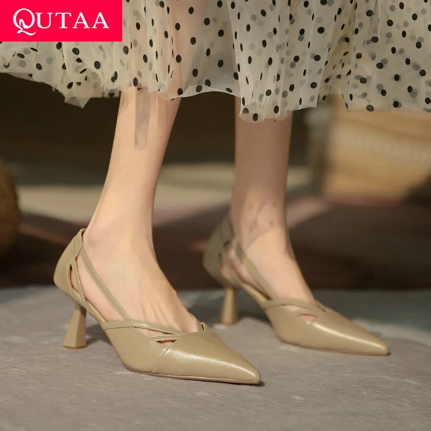 

QUTAA 2021 Sexy High Heel Genuine Leather Cut Outs Women Shoes Spring Summer Fashion Pointed Toe Party Female Pumps Size 34-39