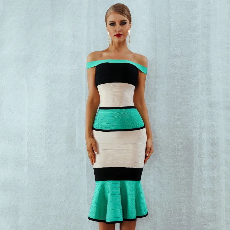 

Женское платье-русалка в полоску, с открытыми плечами