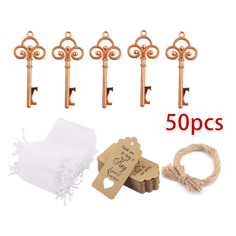 

50Set Metal Skeleton Key Beer Bottle Opener Set Wine Keychain Tags Card Souvenir Decor Wedding Party Favor Supplies
