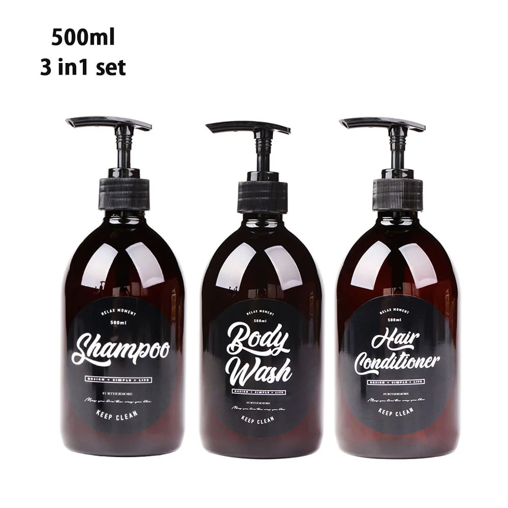 

3 in 1 set Soap Dispenser for Shampoo Body Wash Hair Conditioner Bathroom 500ml Washing Set Brown Plastic Storage Bottles