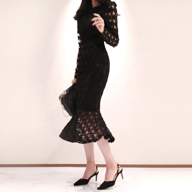 Robe en dentelle pour femmes, nouvelle collection automne et hiver, mode femme, tempérament, slim, sac amincissant, hanche queue de poisson, gaine, bureau