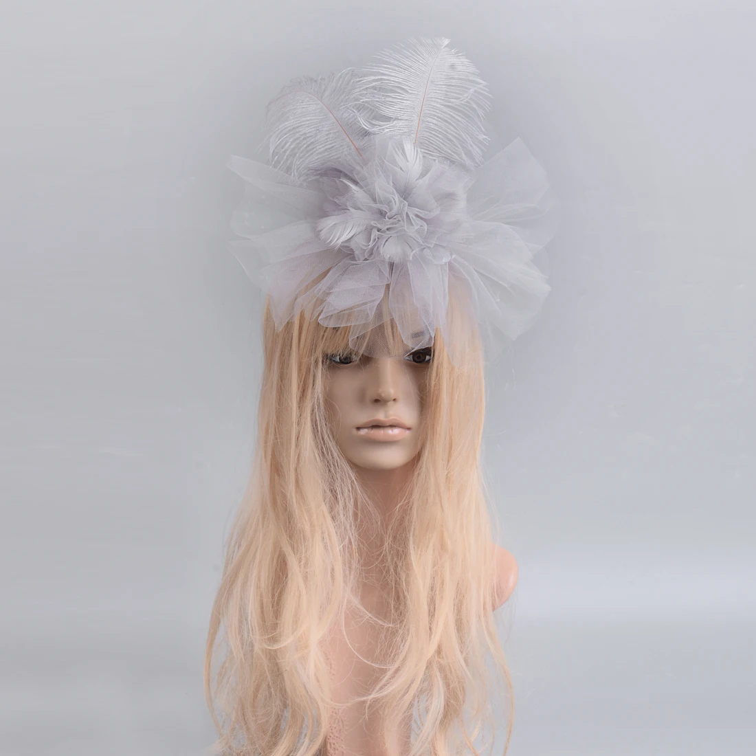 

Lady Bridal Grey Fascinator Feather Lace Wedding Party Pillbox Hat Cocktail Ascot Races Headwear Handmade Accessories