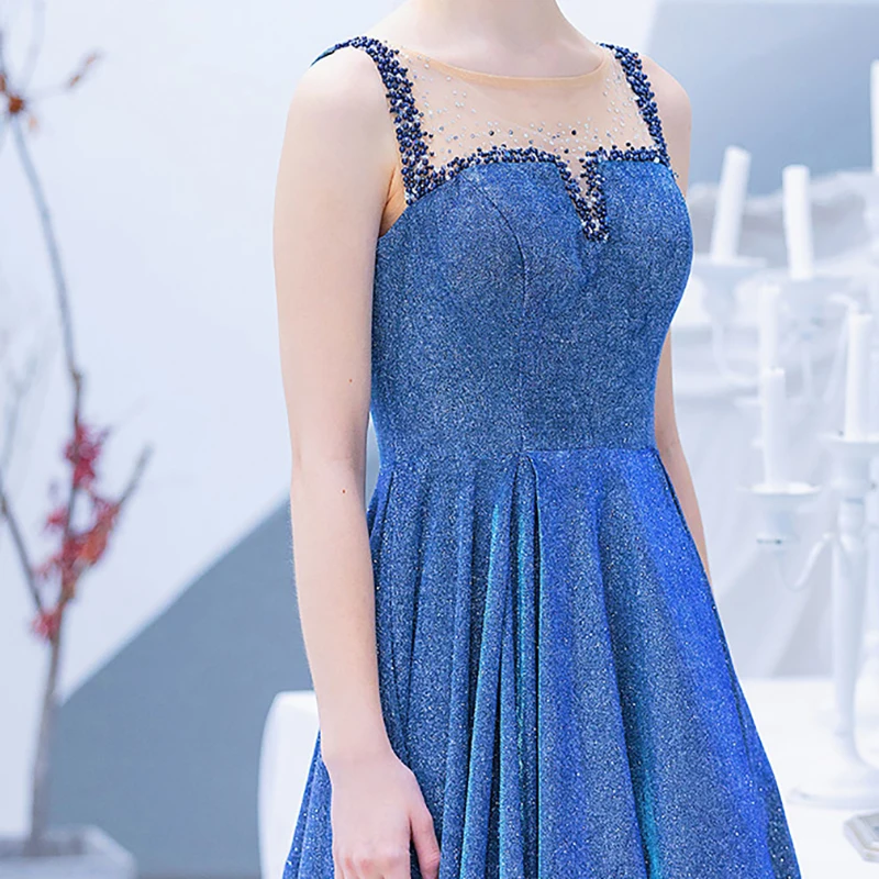 

Evening Dresses Vintage Luxury Blue Sequined Floor-Length O-Neck Crystal Pearls Sleeveless A-Line Tulle Women Formal Gown TS493