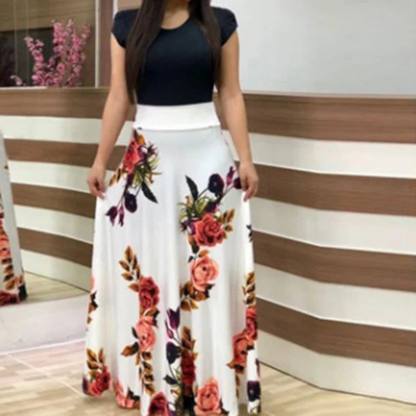 Женская футболка с коротким рукавом Круглый воротник принт длинное платье для