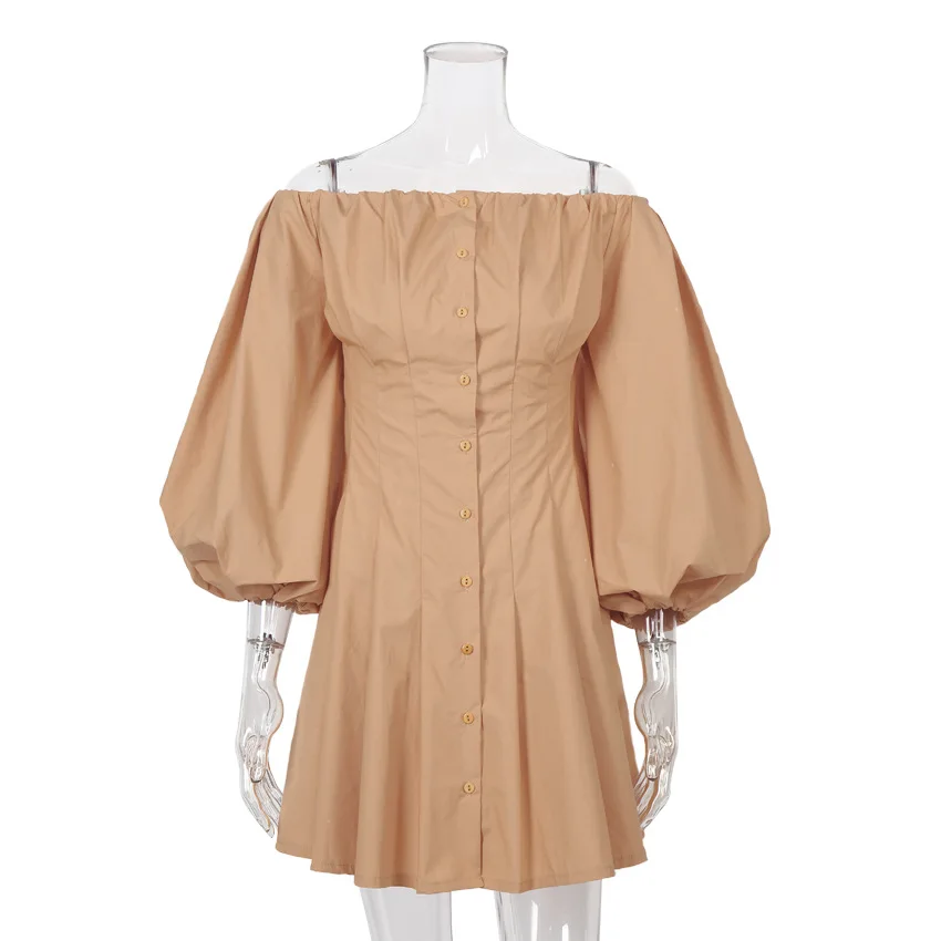 

Brandy Elegant High Waist Fit Flare Women Dress Lantern Sleeve Off Shoulder Mini Dress Dresses Black Latern Sleeve Button Down