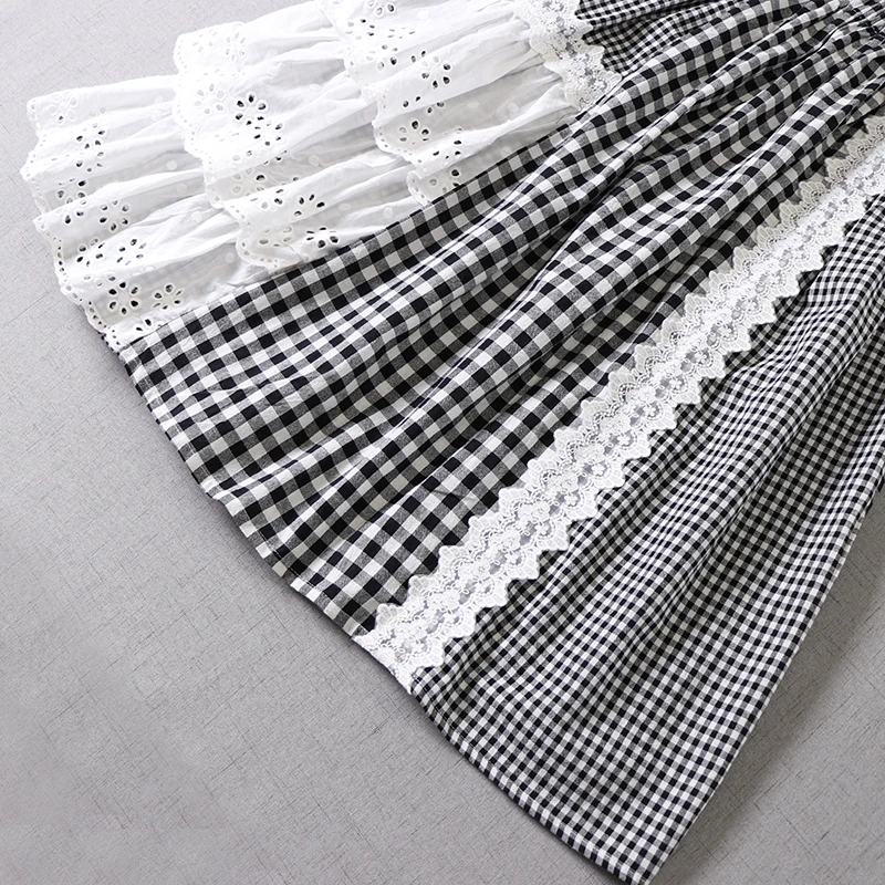 

Japan Style Mori Girl Black White Plaid Cotton linen Skirt Lace irregular A-line Women Skirts