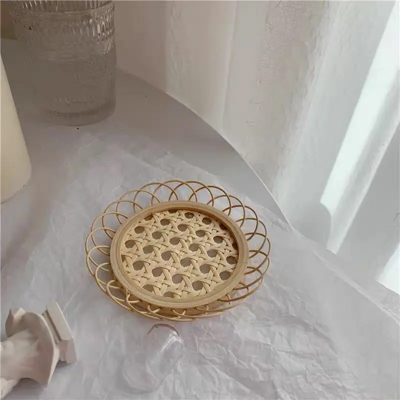 

Simple Style Drink Cup Coasters Japanese Mat Dining Table Placemat Bamboo Woven Saucer Mat Non-Slip Pot Holder Rattan Woven Cup