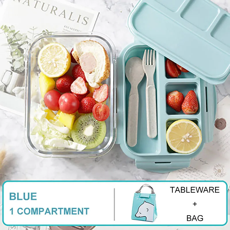 Baispo Ланч-бокс для детей стеклянный микроволновый Bento box контейнер для еды и отсек для хранения школы герметичный кухонный с подогревом - Цвет: Blue 1 gird set